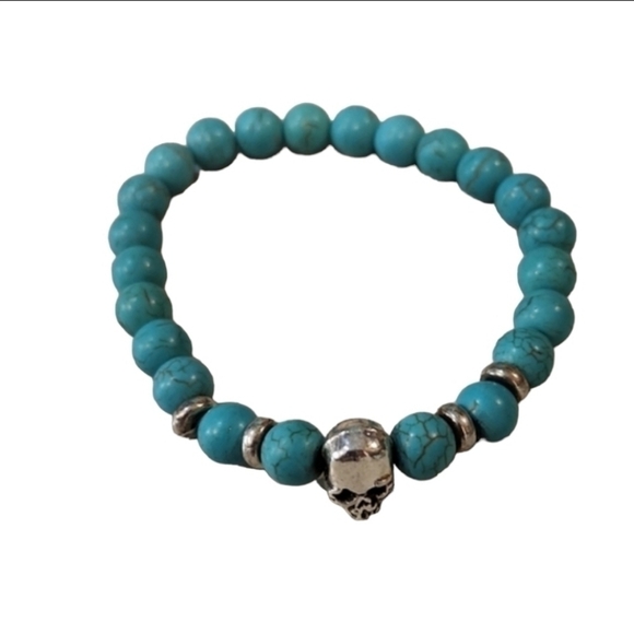 𝅺turquoise Bead With Skull Accent Howlite Chackra Bracelet - Picture 2 of 6